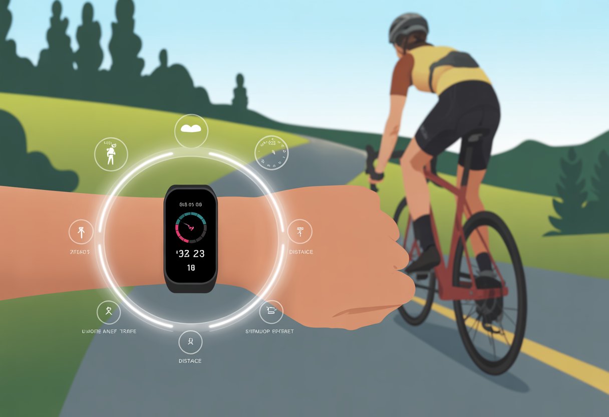 A cyclist riding a road bike on a scenic path wearing a fitness tracker on their wrist showing cycling data.