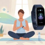 How to use a fitness tracker for mindfulness without stressing about your steps A person sitting cross-legged on a yoga mat indoors, looking at a fitness tracker on their wrist with calming visual effects around them.