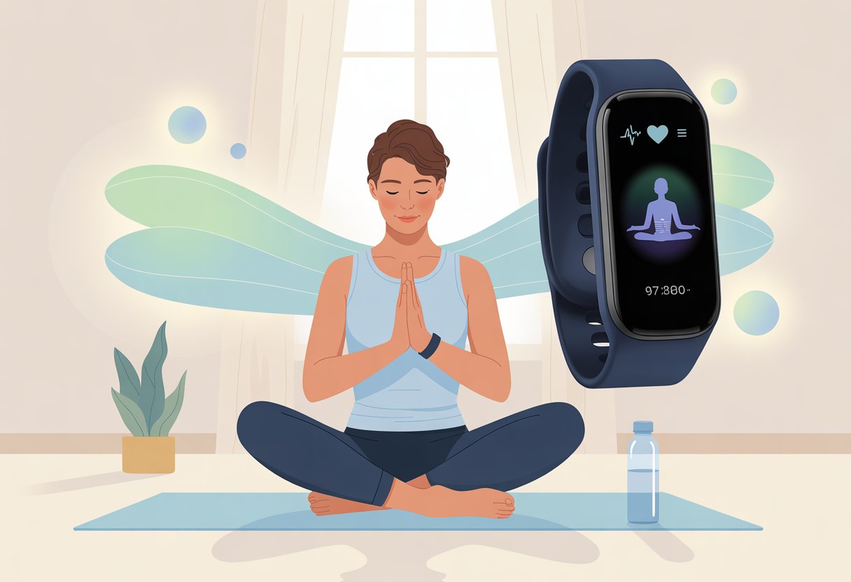 A person sitting cross-legged on a yoga mat indoors, looking at a fitness tracker on their wrist with calming visual effects around them.