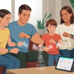 How to use a fitness tracker for family sharing: Because Competing With Dad Counts As Cardio A family of four wearing fitness trackers on their wrists, connected wirelessly, sitting together in a living room.