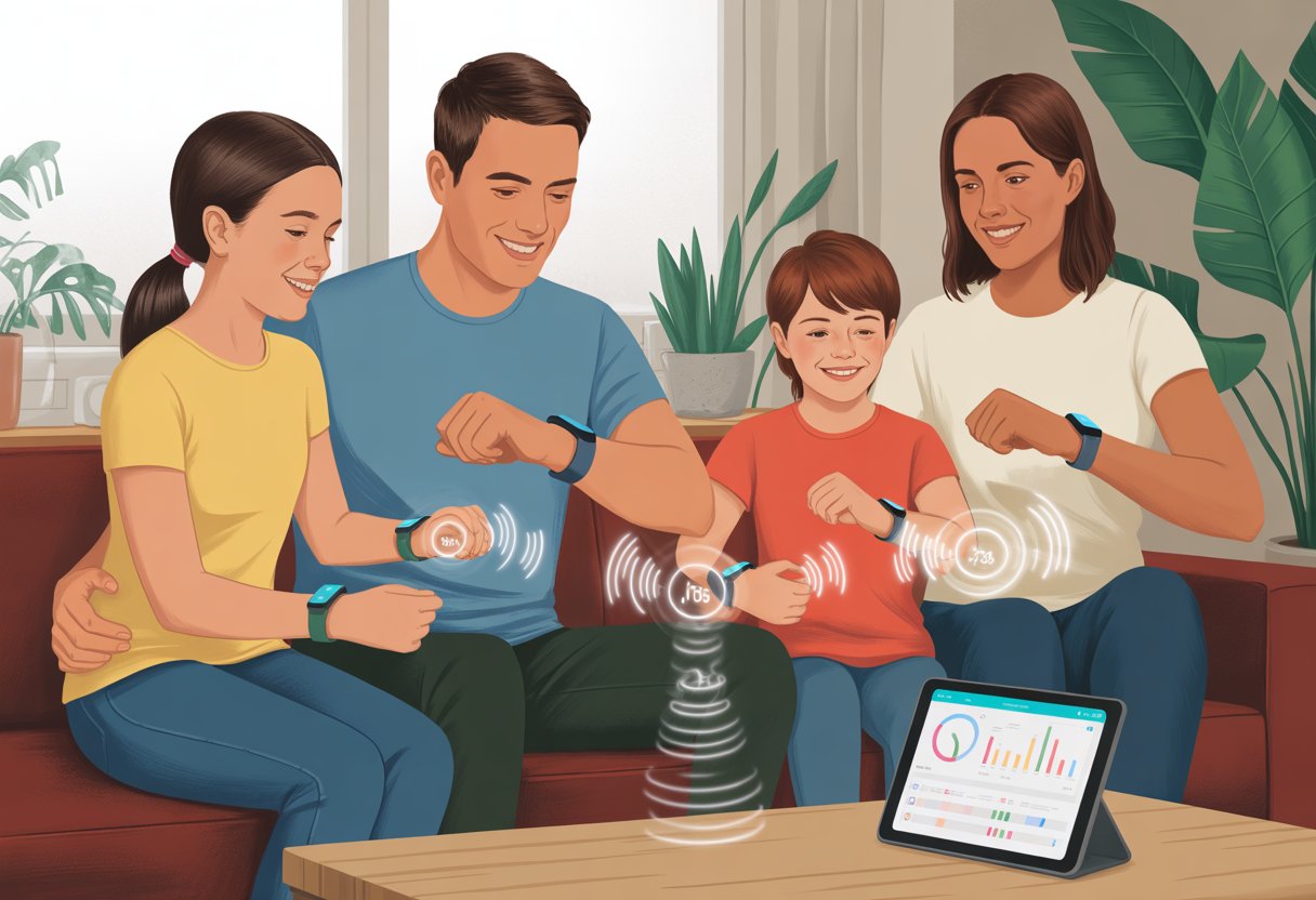 A family of four wearing fitness trackers on their wrists, connected wirelessly, sitting together in a living room.