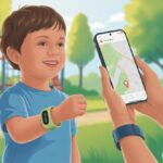 A child wearing a fitness tracker plays outdoors while a nearby adult monitors their location on a smartphone.