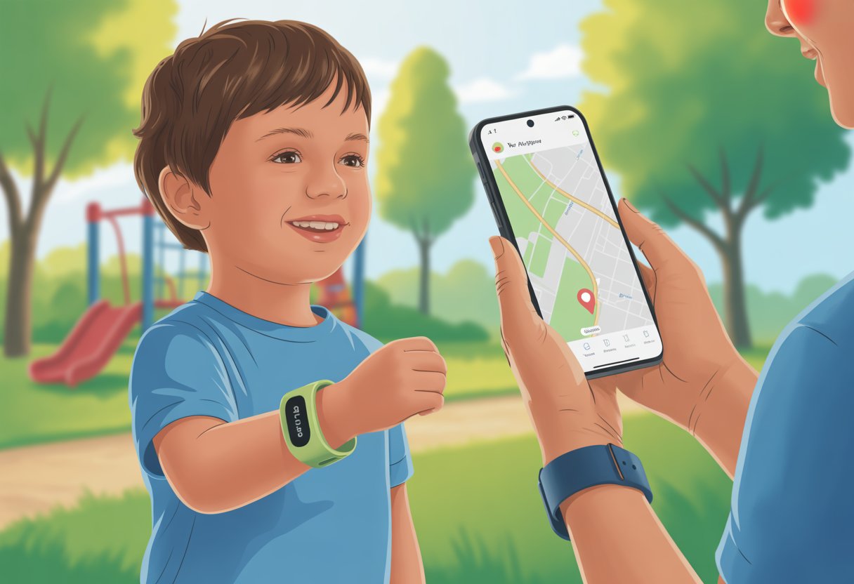 A child wearing a fitness tracker plays outdoors while a nearby adult monitors their location on a smartphone.