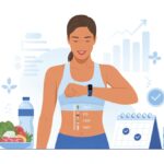 A person wearing a fitness tracker on their wrist, surrounded by healthy food and workout symbols, focusing on weight loss progress.
