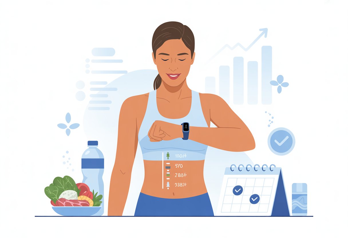 A person wearing a fitness tracker on their wrist, surrounded by healthy food and workout symbols, focusing on weight loss progress.