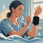 A person sitting calmly indoors, looking at a fitness tracker on their wrist surrounded by subtle symbols of relaxation and stress relief.