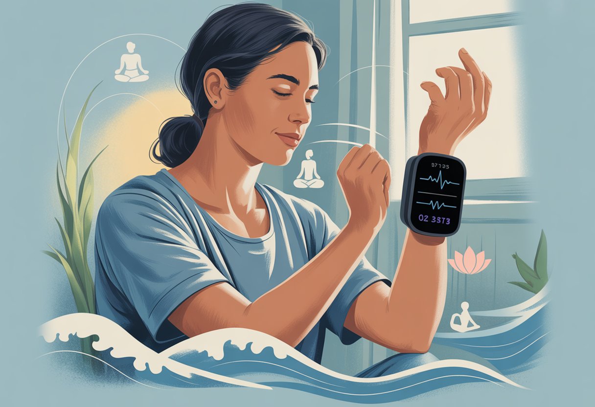 A person sitting calmly indoors, looking at a fitness tracker on their wrist surrounded by subtle symbols of relaxation and stress relief.