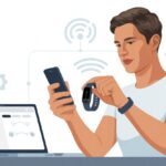 A person holding a smartphone and looking at a fitness tracker on their wrist while sitting at a desk with a laptop, surrounded by icons representing wireless signals and syncing.