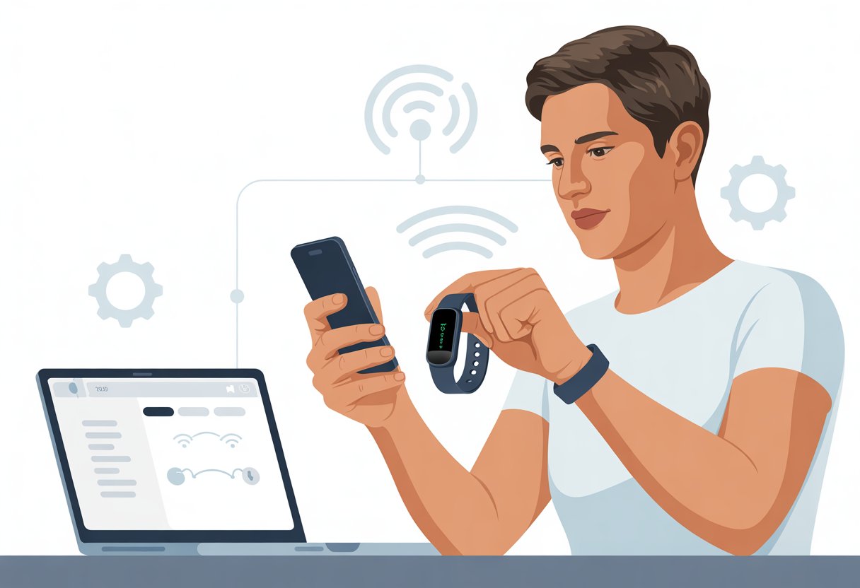 A person holding a smartphone and looking at a fitness tracker on their wrist while sitting at a desk with a laptop, surrounded by icons representing wireless signals and syncing.