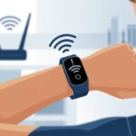 A close-up of a wrist wearing a fitness tracker showing a disconnected WiFi symbol, with a WiFi router in the background.
