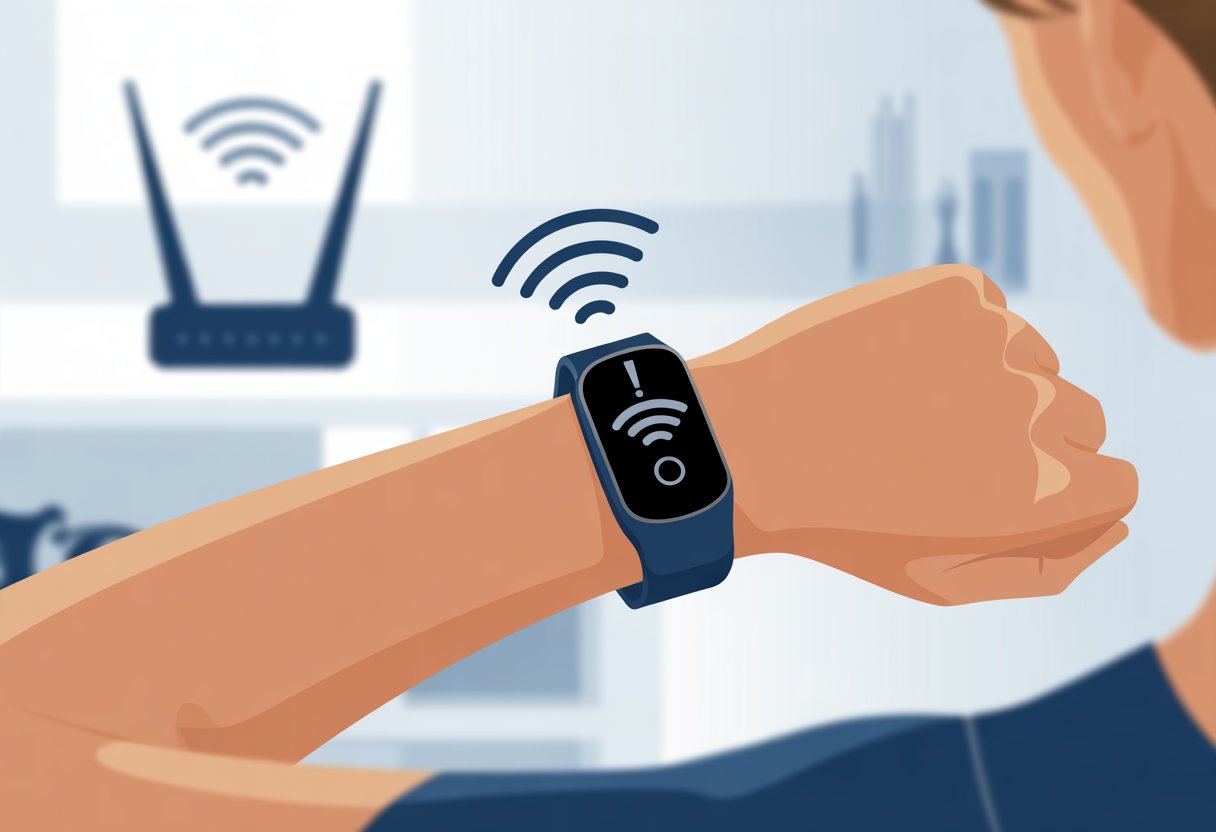 A close-up of a wrist wearing a fitness tracker showing a disconnected WiFi symbol, with a WiFi router in the background.