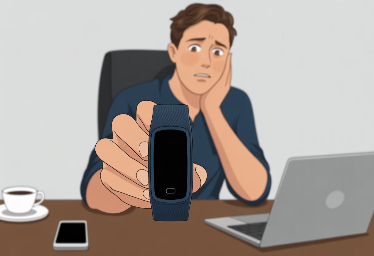 A person sitting at a desk looking confused while holding a fitness tracker with a blank screen.