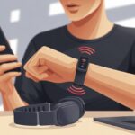 Why is my fitness tracker not connecting to my headphones? Bluetooth Blunders and Tech Tantrums Explained A person sitting at a desk looking puzzled while trying to connect their fitness tracker to wireless headphones, with both devices nearby.