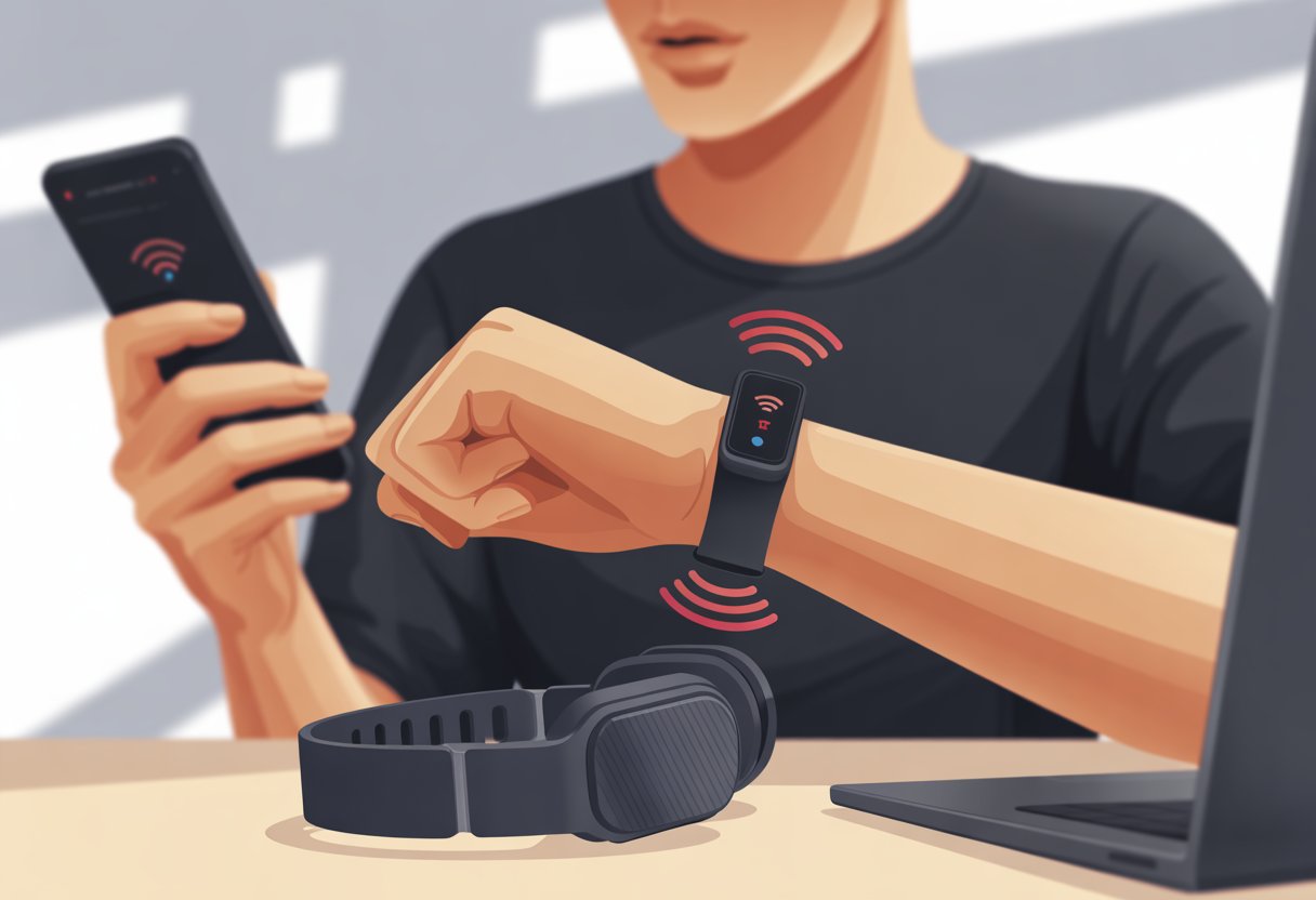 A person sitting at a desk looking puzzled while trying to connect their fitness tracker to wireless headphones, with both devices nearby.