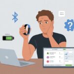 A person looking puzzled while holding a fitness tracker, sitting at a desk with a laptop showing a fitness app with no recorded workouts.