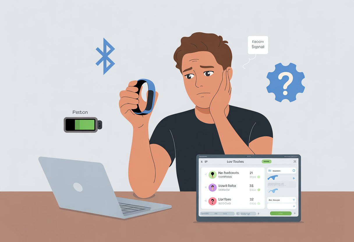 A person looking puzzled while holding a fitness tracker, sitting at a desk with a laptop showing a fitness app with no recorded workouts.