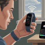 Why is my fitness tracker not showing weather updates? Blame the Clouds, Not Your Steps A person holding a fitness tracker showing fitness data but no weather information, looking confused indoors near a window with a cloudy sky, while a smartphone nearby displays the weather.