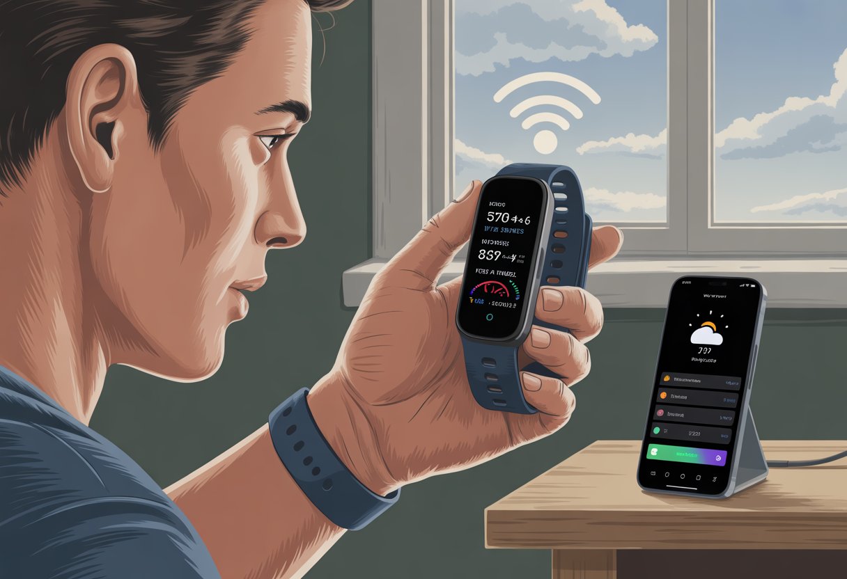 A person holding a fitness tracker showing fitness data but no weather information, looking confused indoors near a window with a cloudy sky, while a smartphone nearby displays the weather.