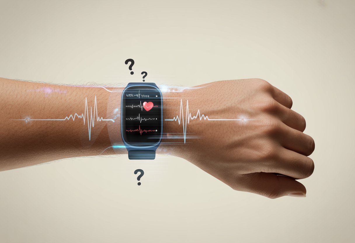 Close-up of a wrist wearing a fitness tracker showing irregular heart rate readings with visual indicators of inaccuracy.