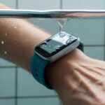Close-up of a fitness tracker on a wrist partially submerged in water, showing signs of water damage and malfunction.