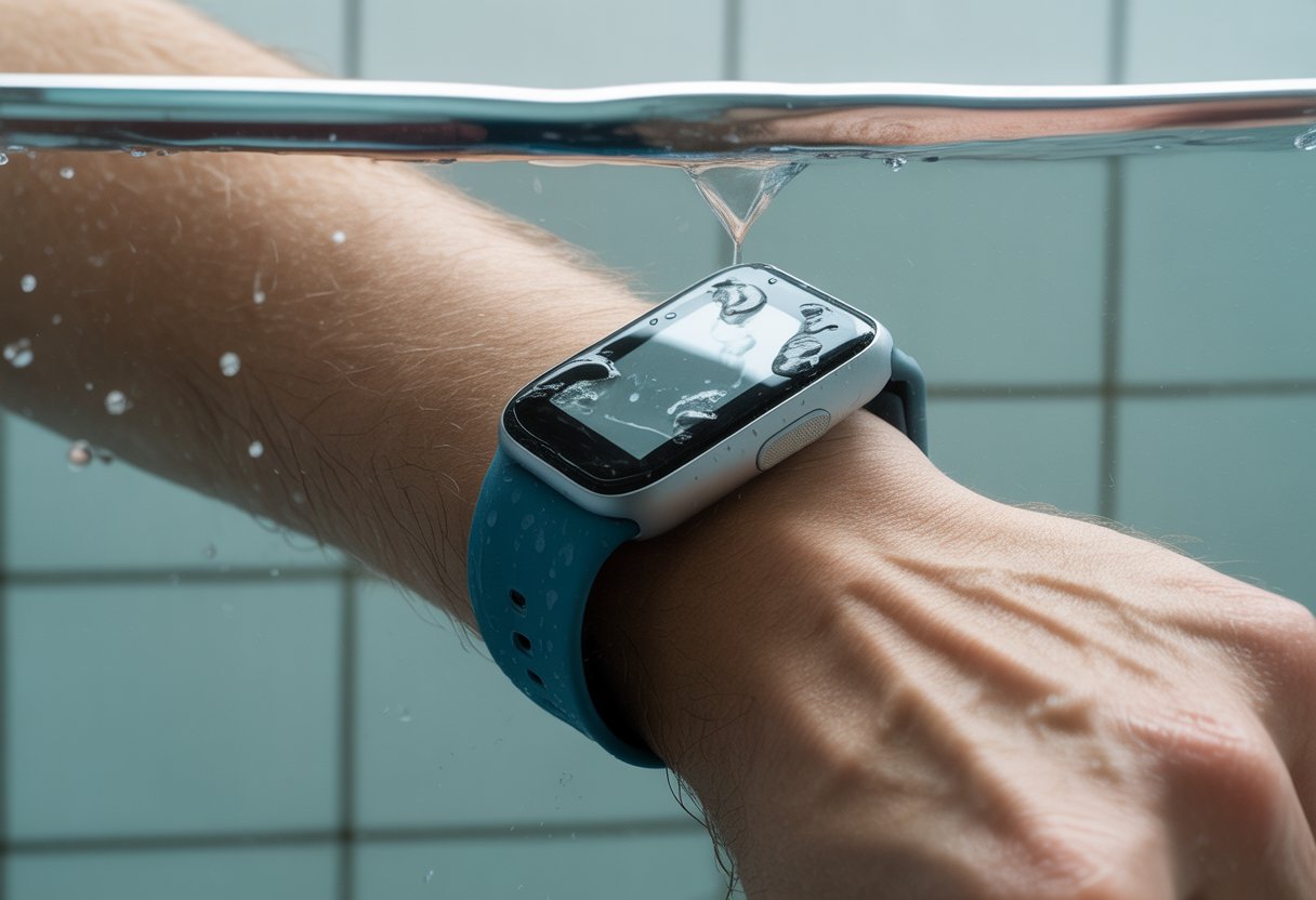 Close-up of a fitness tracker on a wrist partially submerged in water, showing signs of water damage and malfunction.
