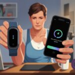 Why is my fitness tracker not responding after an update? Tech Tantrums and How to Calm Them A person sitting at a desk looking frustrated while holding a fitness tracker and a smartphone, with the fitness tracker screen blank and the smartphone showing an app update.