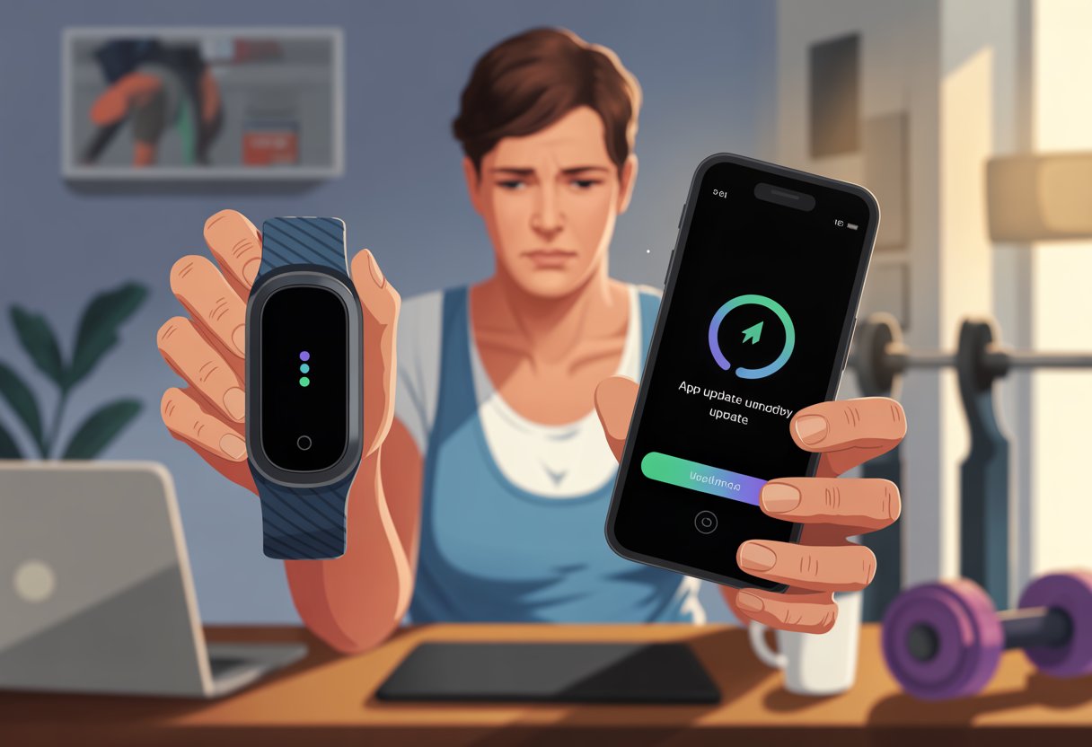 A person sitting at a desk looking frustrated while holding a fitness tracker and a smartphone, with the fitness tracker screen blank and the smartphone showing an app update.