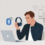 Why do my Bluetooth headphones not connect to Mac? Mystery Solved (No Exorcist Needed) A person sitting at a desk holding Bluetooth headphones and looking confused while using a MacBook laptop with a Bluetooth icon and error symbol on the screen.
