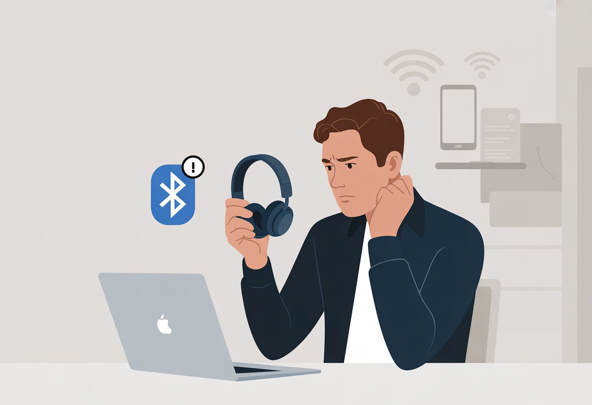 A person sitting at a desk holding Bluetooth headphones and looking confused while using a MacBook laptop with a Bluetooth icon and error symbol on the screen.