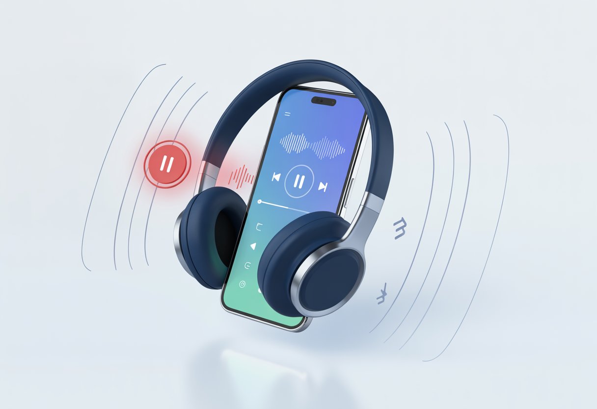 A pair of Bluetooth headphones floating near a smartphone showing a music player with the pause button inactive and wireless signals around them.