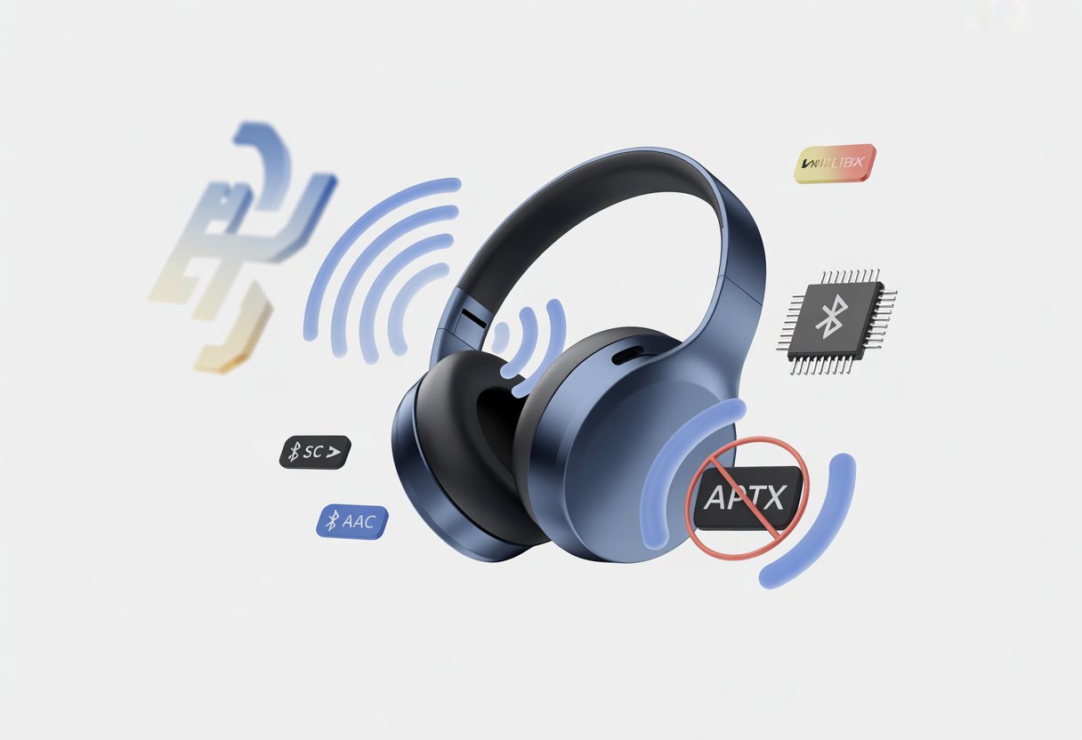 A pair of Bluetooth headphones surrounded by wireless signal waves and audio technology icons, with a crossed-out aptX symbol nearby.
