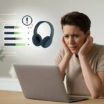 Why do my Bluetooth headphones not work after a firmware update? Blame it on the Gremlins in Your Gadgets A person at a desk looking frustrated while holding Bluetooth headphones with a warning icon above them, next to a laptop.