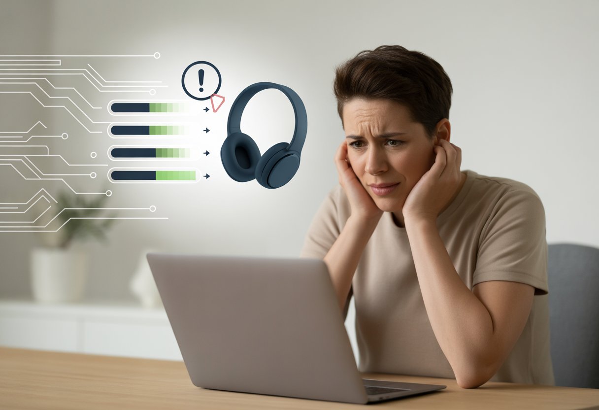 A person at a desk looking frustrated while holding Bluetooth headphones with a warning icon above them, next to a laptop.