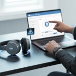 Bluetooth Headphones Error Code 510 Fix: Zap That Gremlin and Get Back to Jams A person troubleshooting Bluetooth headphones connected to a laptop, with a warning icon indicating an error and digital elements showing wireless signals.