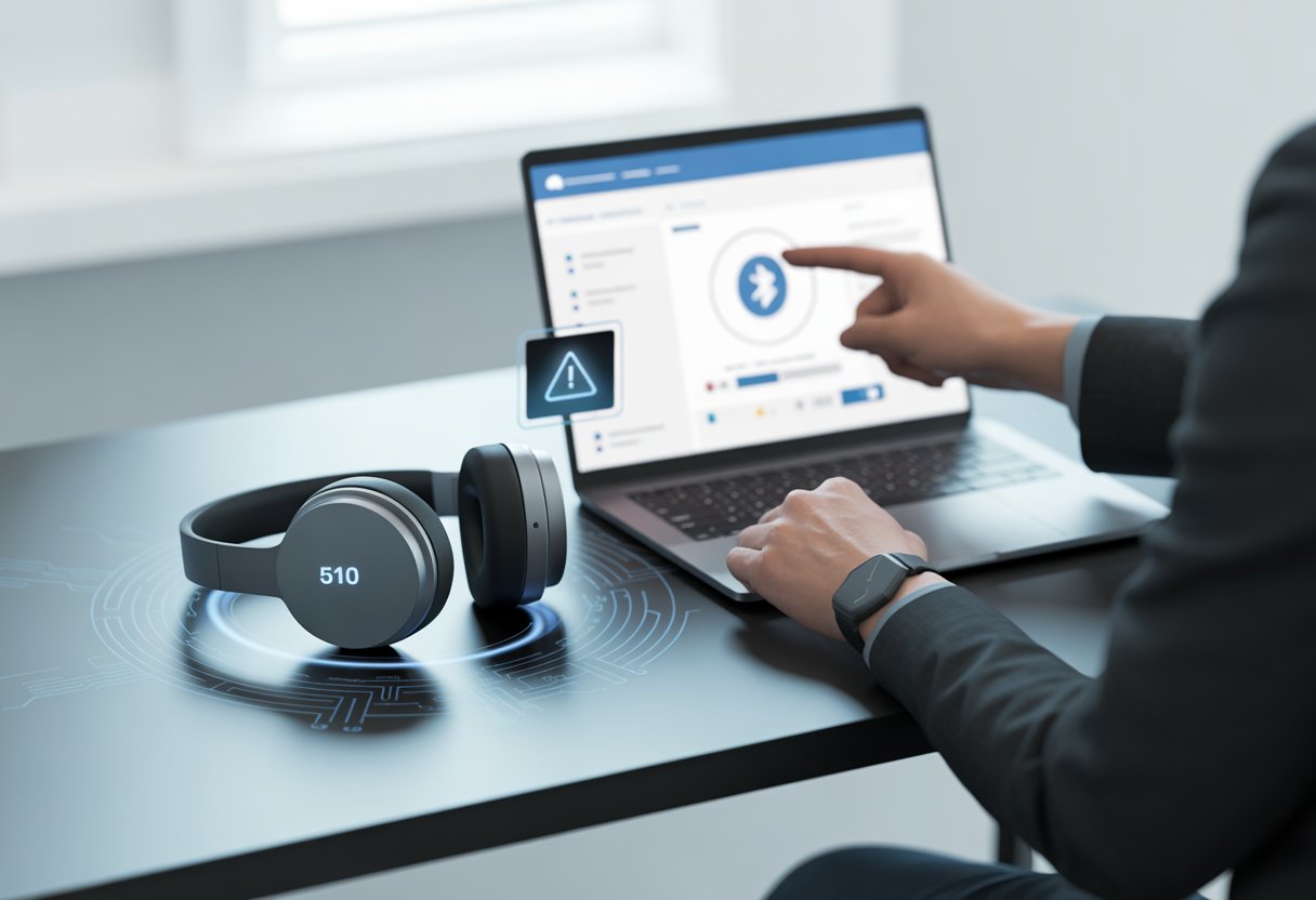 A person troubleshooting Bluetooth headphones connected to a laptop, with a warning icon indicating an error and digital elements showing wireless signals.
