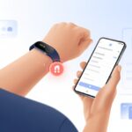 Fitness tracker error code 05 solution: Stop Crying, Start Fixing! A person holding a smartphone while looking at a fitness tracker on their wrist with a red warning icon indicating an error.