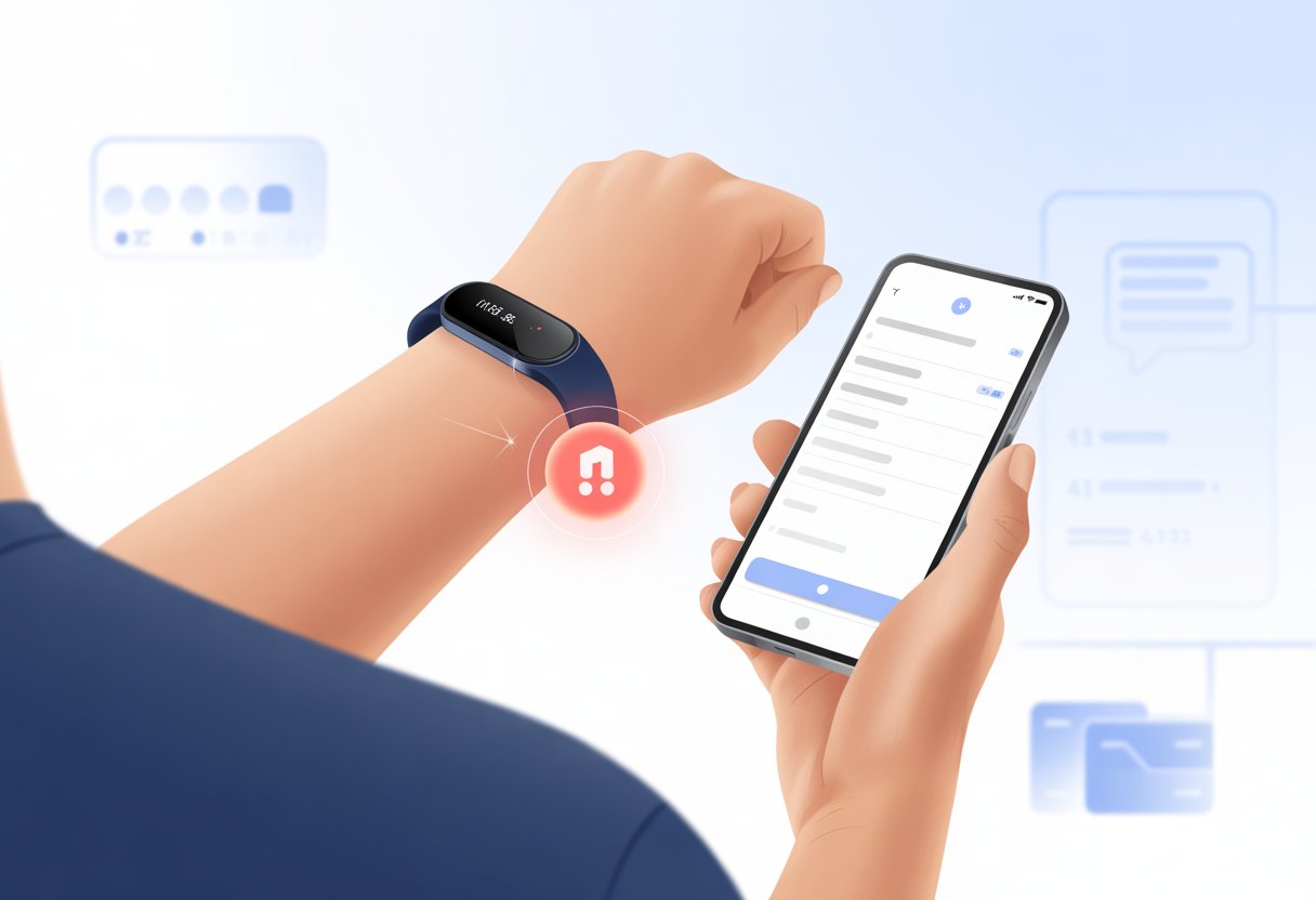 A person holding a smartphone while looking at a fitness tracker on their wrist with a red warning icon indicating an error.