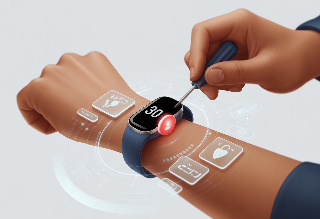 A close-up of a person’s wrist wearing a fitness tracker with a technician’s hand using a small tool to repair it, surrounded by digital circuit patterns and holographic icons.