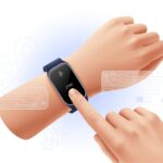 Close-up of a person interacting with a fitness tracker on their wrist, showing an error indicator and digital repair symbols around it.