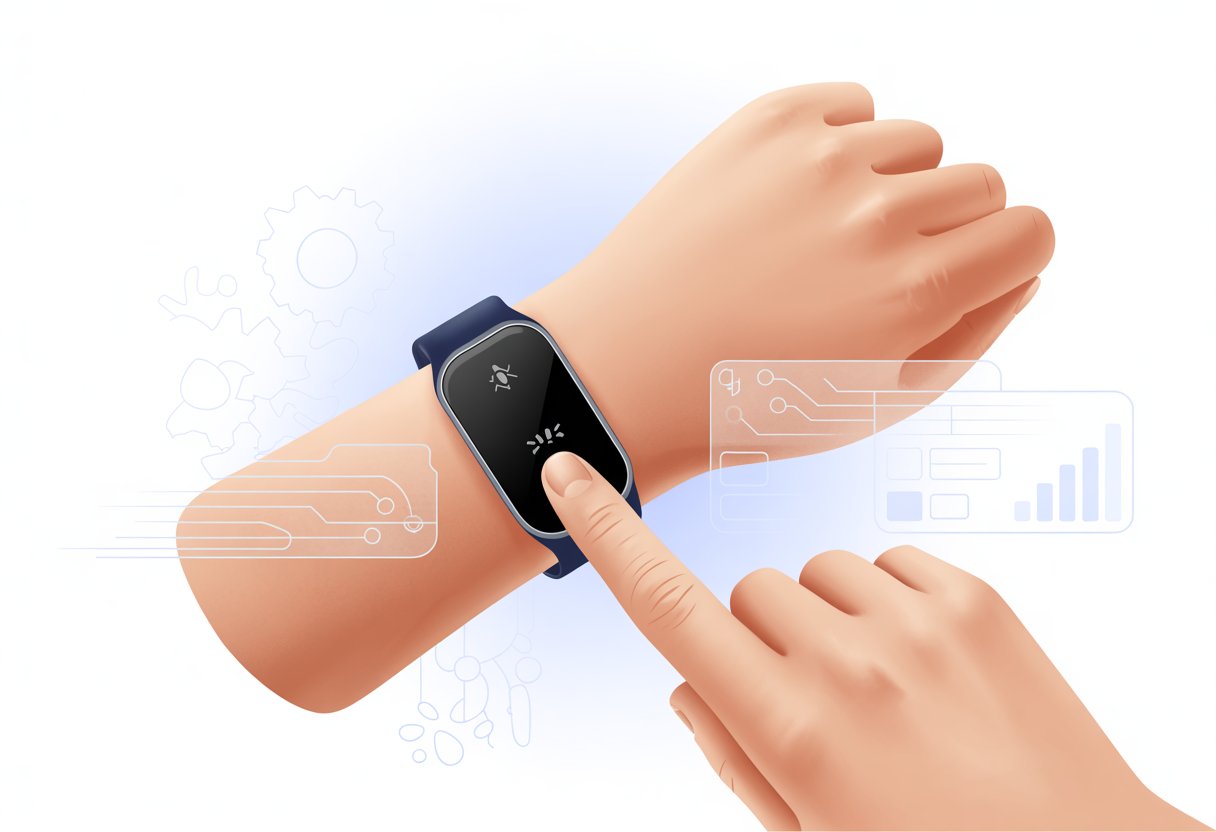 Close-up of a person interacting with a fitness tracker on their wrist, showing an error indicator and digital repair symbols around it.