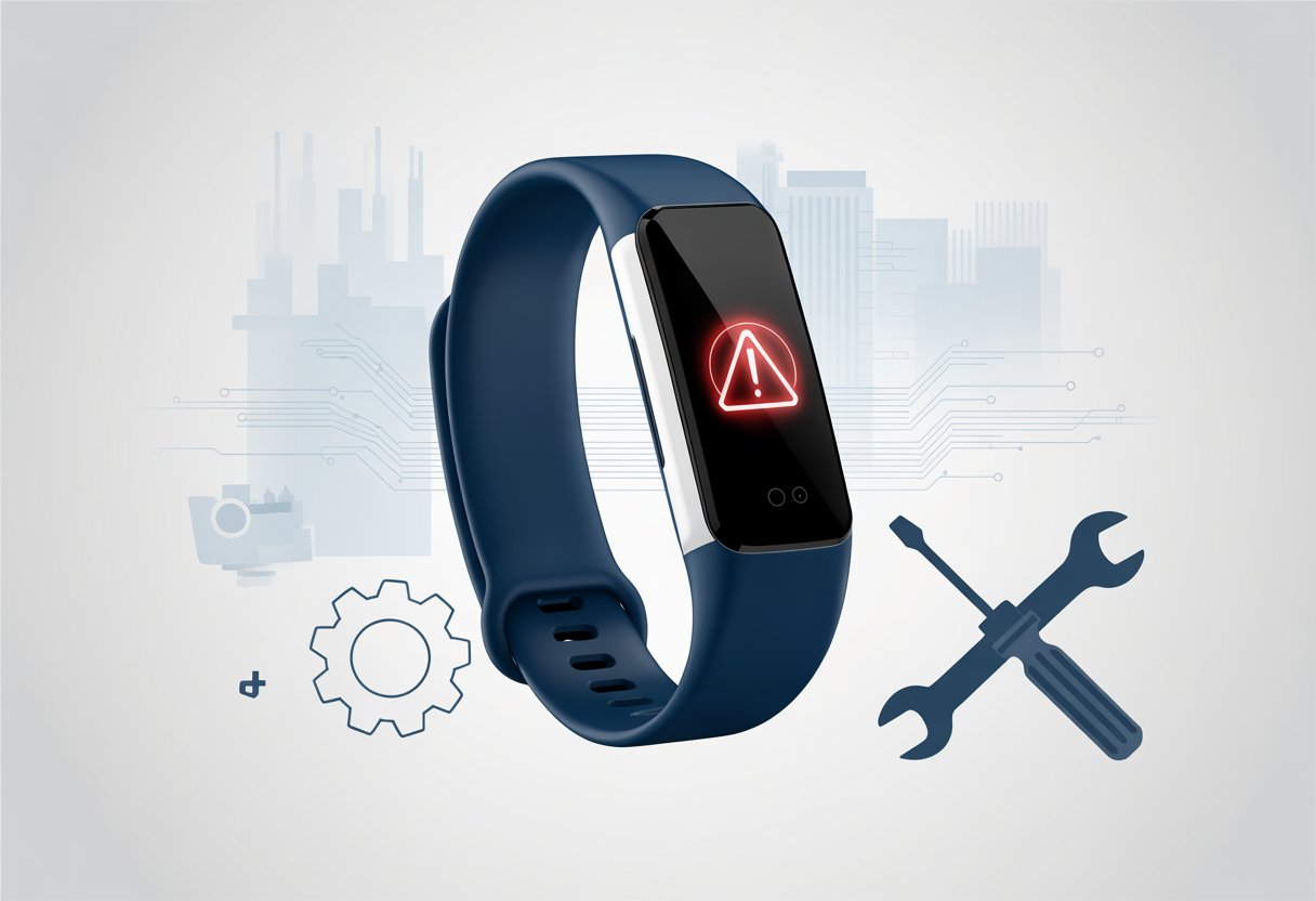 Close-up of a fitness tracker wristband showing a red warning icon with repair tools and circuit graphics around it, symbolizing troubleshooting.