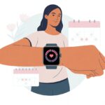 How to Use a Smartwatch for Menstrual Cycle Tracking: High-Tech Periods Without the Drama A woman looking at her smartwatch which shows menstrual cycle tracking icons, surrounded by soft pastel colors and subtle calendar and flower elements.