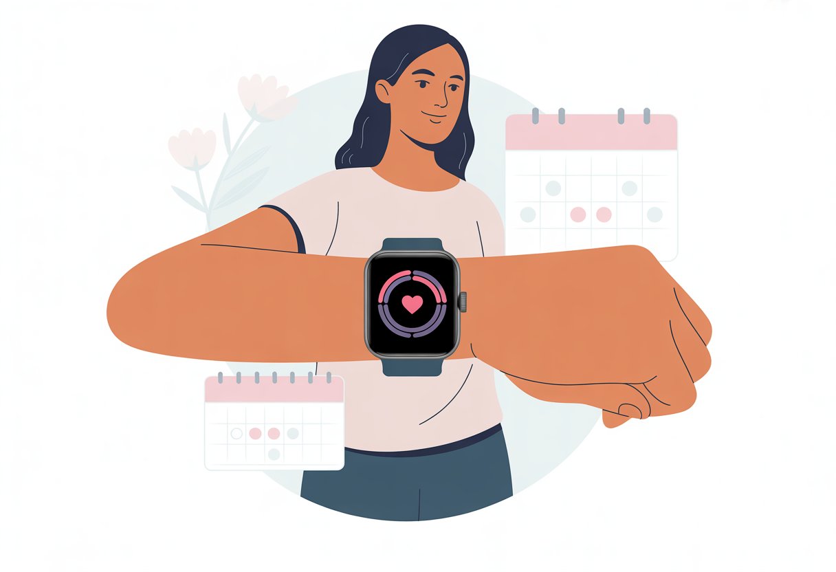 A woman looking at her smartwatch which shows menstrual cycle tracking icons, surrounded by soft pastel colors and subtle calendar and flower elements.