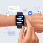 A person using a smartwatch on their wrist to interact with a messaging app, with digital message icons floating around.
