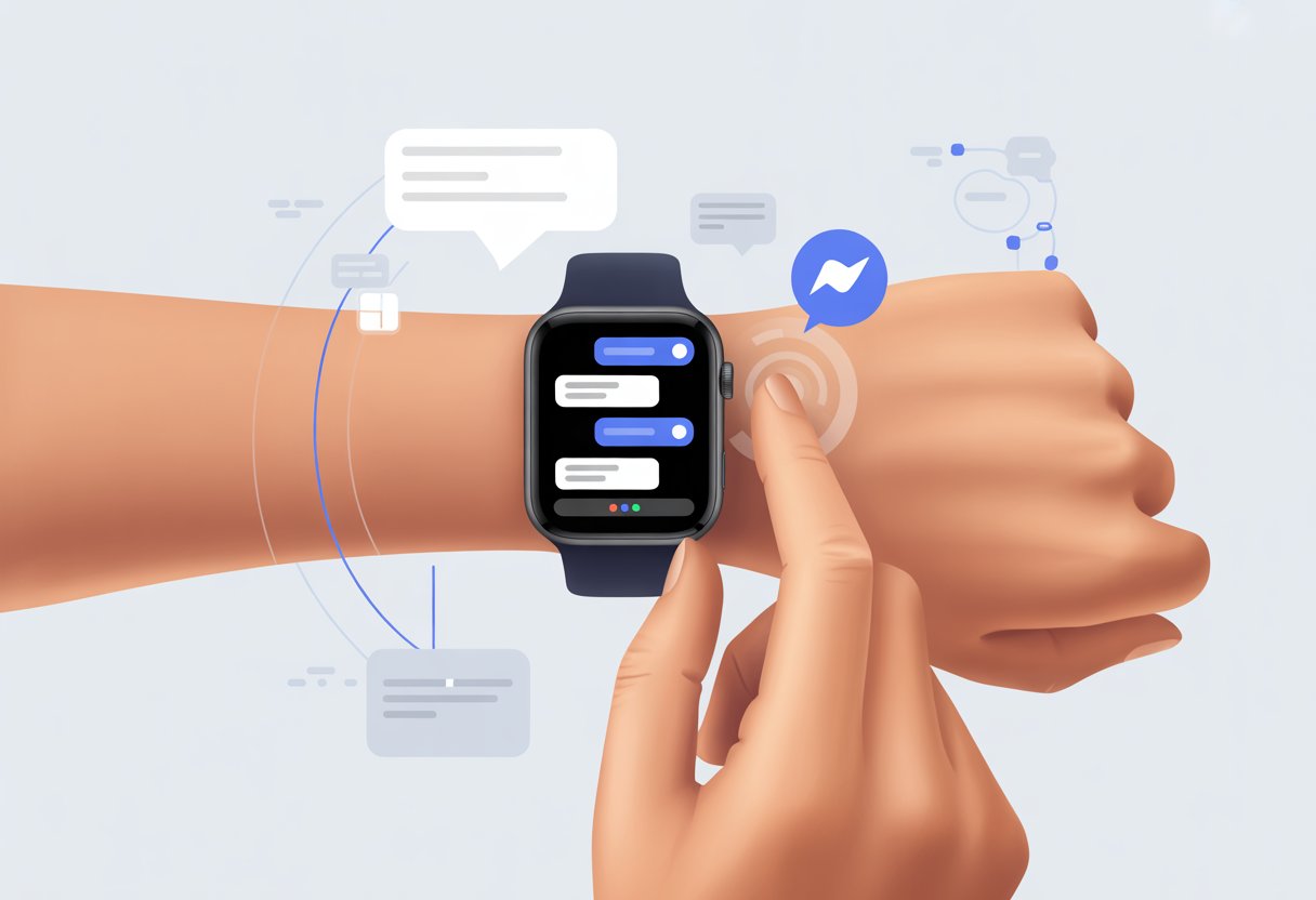 A person using a smartwatch on their wrist to interact with a messaging app, with digital message icons floating around.