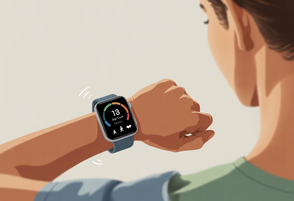 Close-up of a person’s wrist wearing a smartwatch showing step counting progress on the screen.