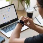Person sitting at a desk using a Chromebook laptop while interacting with a smartwatch on their wrist.