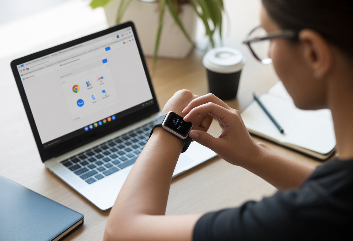 Person sitting at a desk using a Chromebook laptop while interacting with a smartwatch on their wrist.