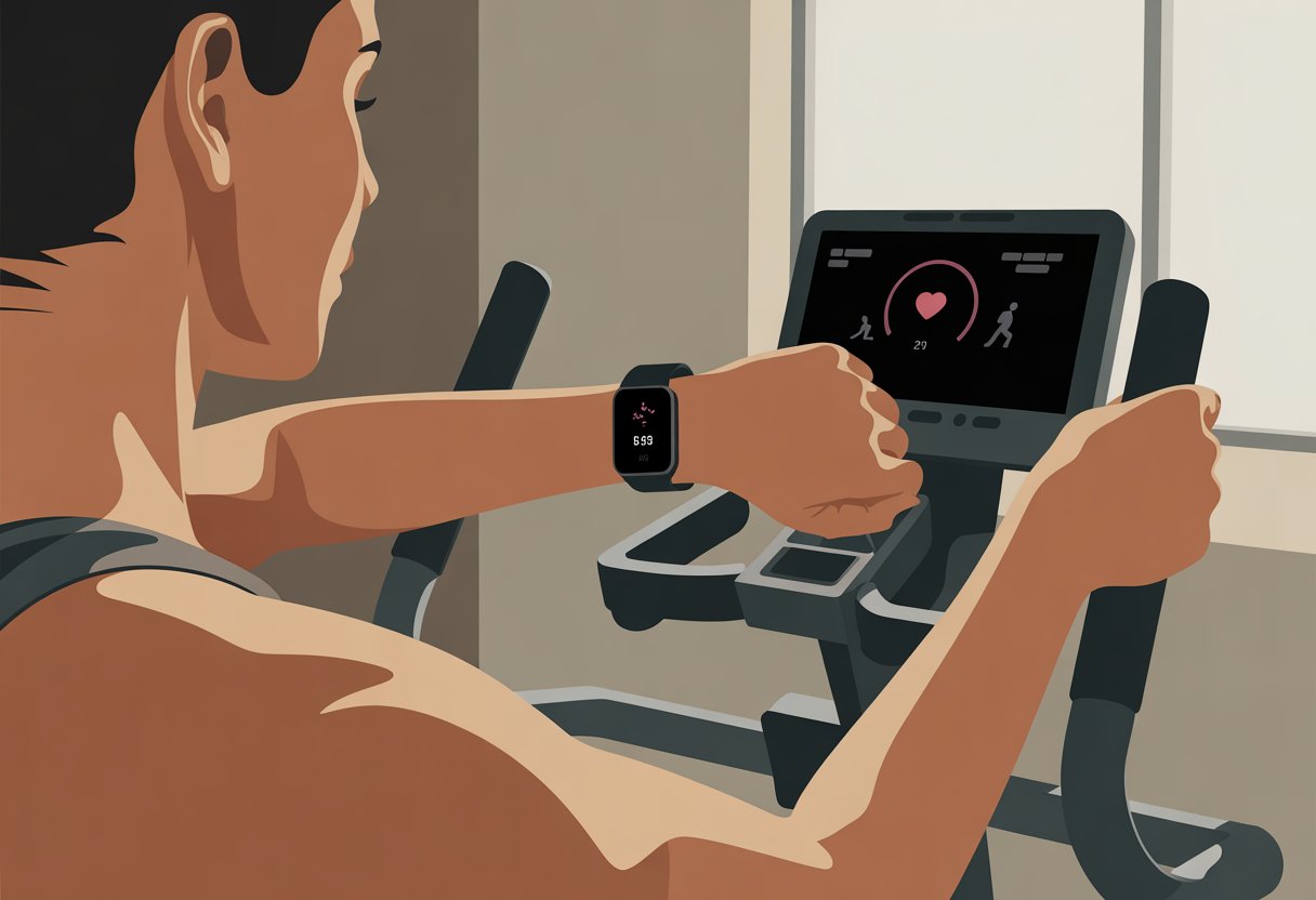 A person using a smartwatch while exercising on an elliptical machine in a gym.