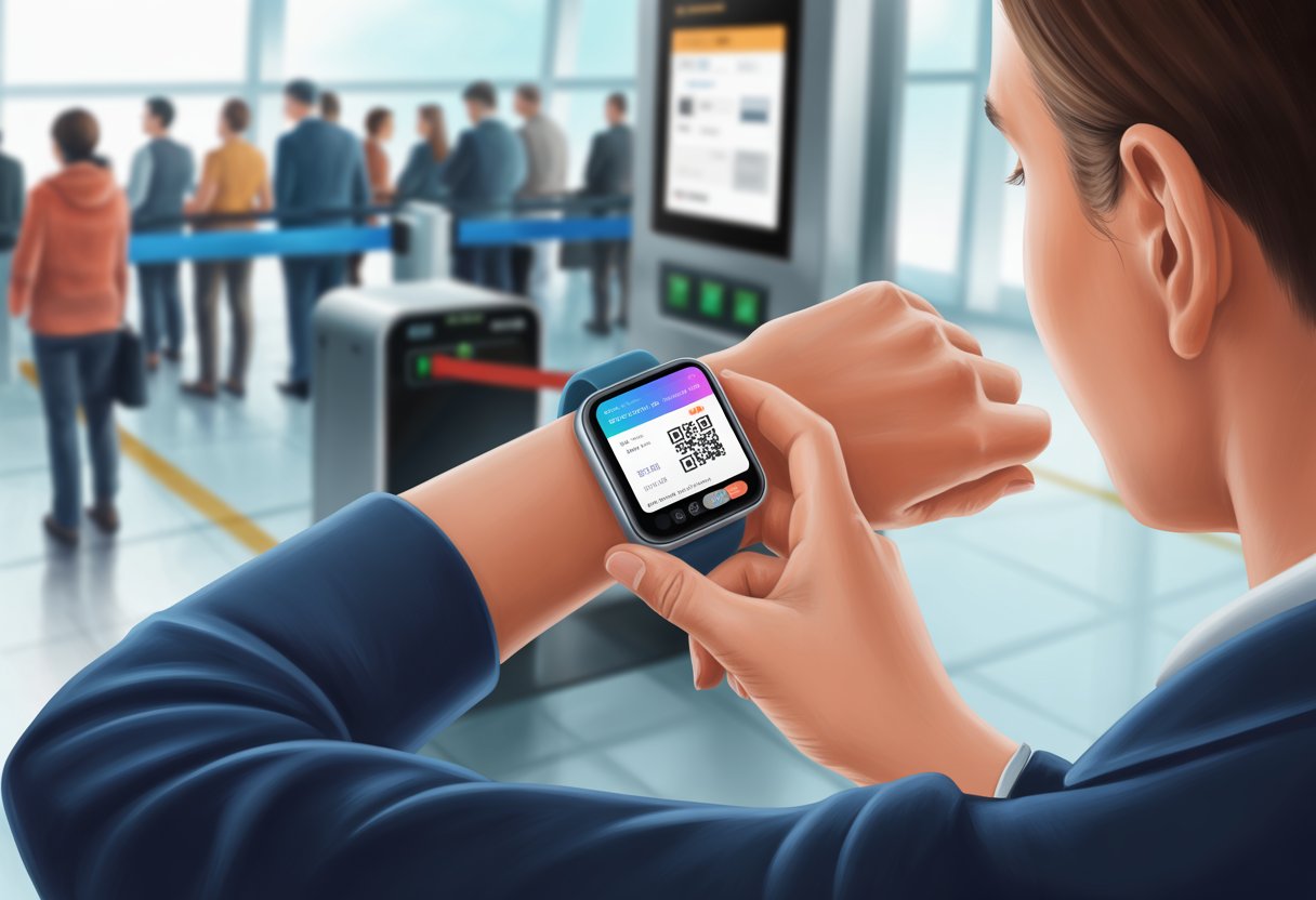 Person holding wrist with smartwatch displaying a boarding pass near an airport security scanner.